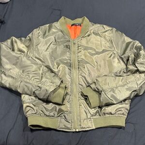 Olive Green Bomber Jacket with Orange Lining